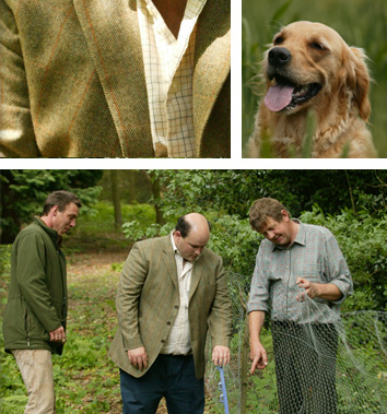 Image of Lord Forester with his game keepers Philip and Mark before the start of the shooting season